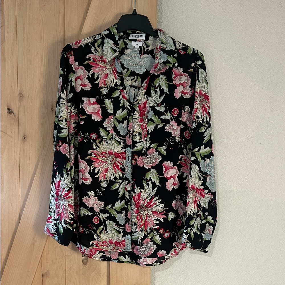 Express Black Floral Button-Up Shirt